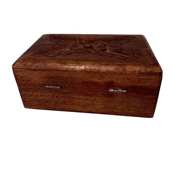 Vintage Hand Carved Floral Wooden Box Small Jewelry Keepsake Chest Home Décor - Picture 7 of 7